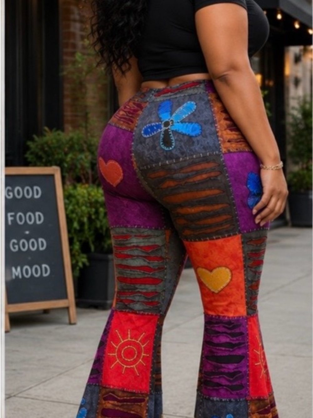 Colorblock Patchwork Flare Pants with Heart & Floral Appliqué - Black - Picture 3 of 8